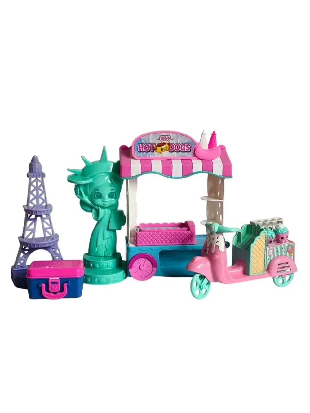 Shopkins Playset Bundle Lot Hot Dog Stand Eiffel Tower Scooter Real Littles